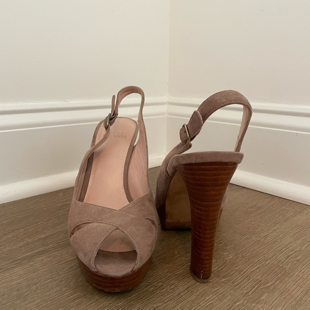 Stuart Weitzman Tan Slingback Heels with Peep-Toe